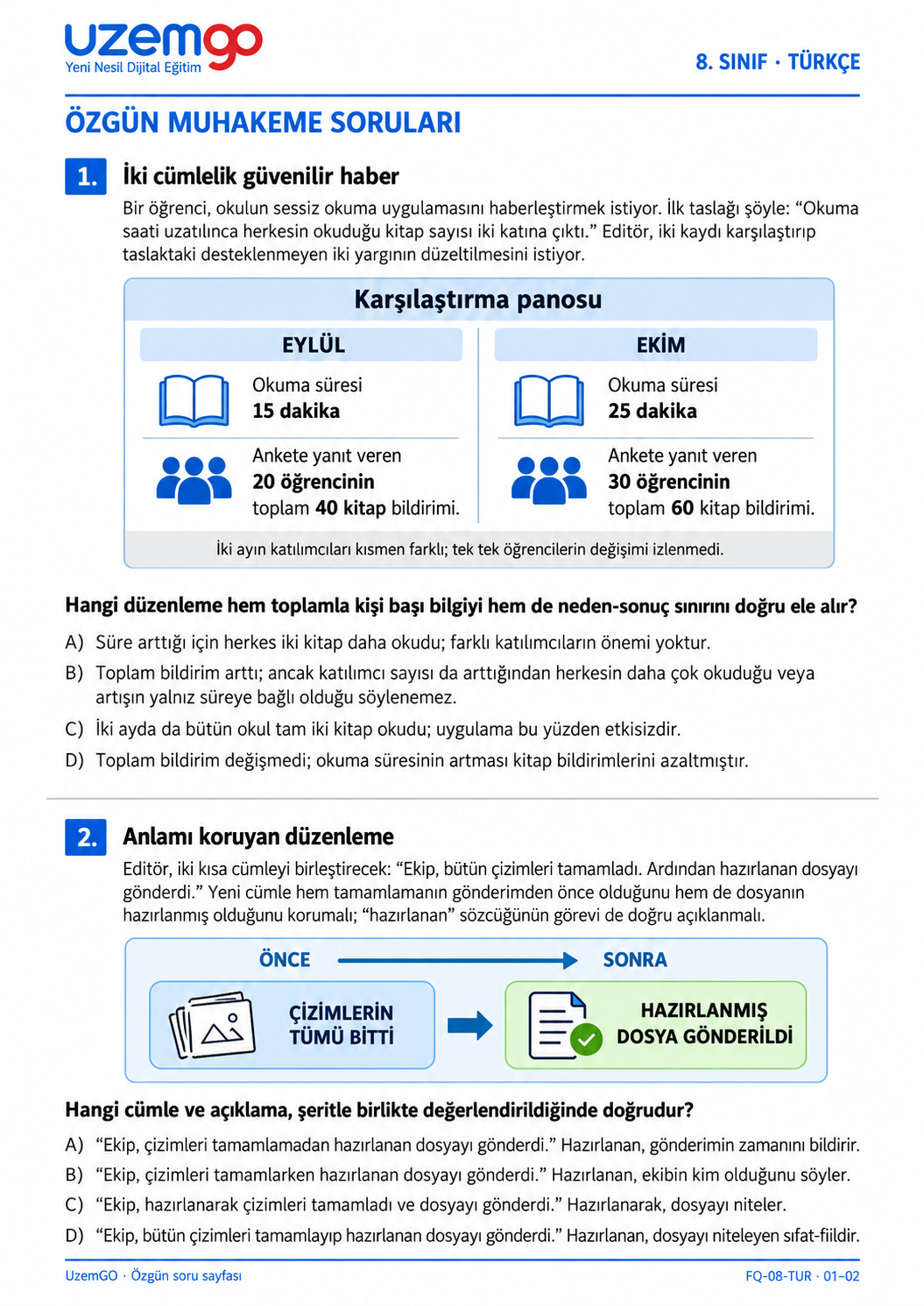 8. sınıf Türkçe: 1. soru sayfası. Erişilebilir metin aşağıdadır.