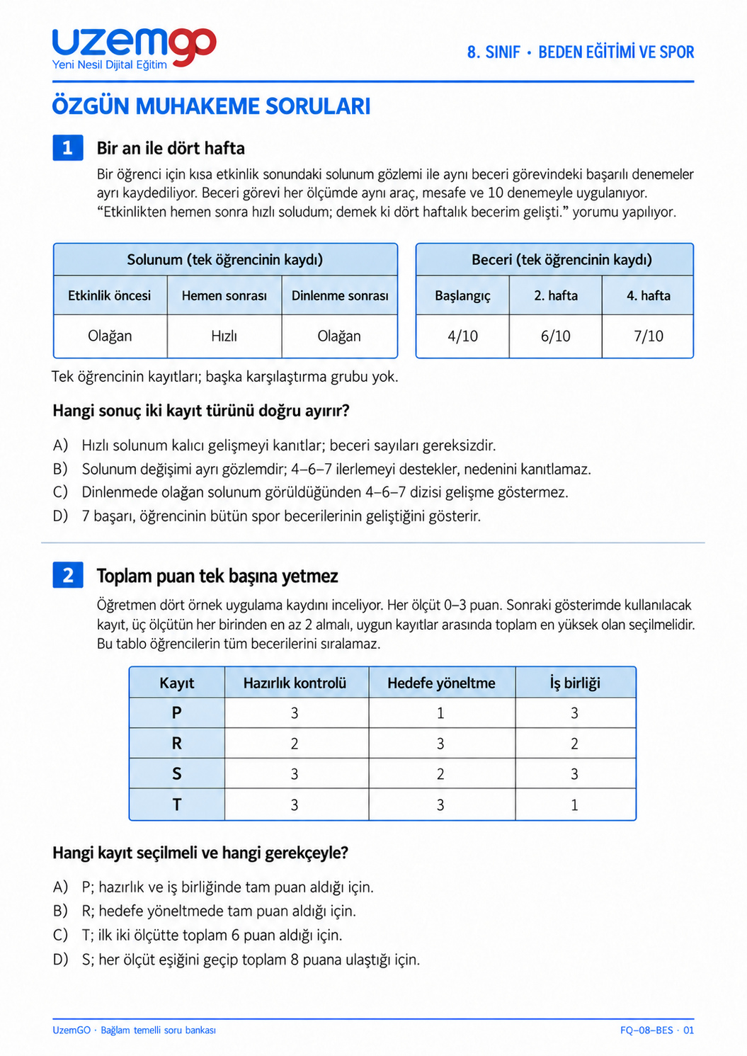 8. sınıf Beden Eğitimi ve Spor: 1. soru sayfası. Erişilebilir metin aşağıdadır.