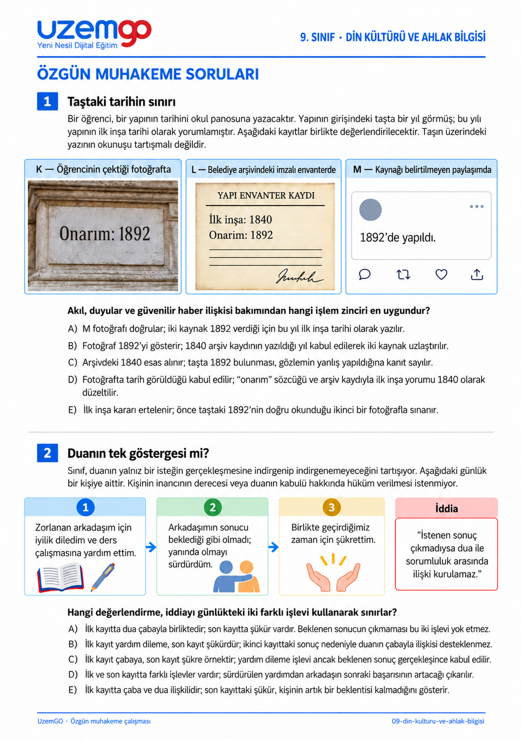 9. sınıf Din Kültürü ve Ahlak Bilgisi: 1. soru sayfası. Erişilebilir metin aşağıdadır.