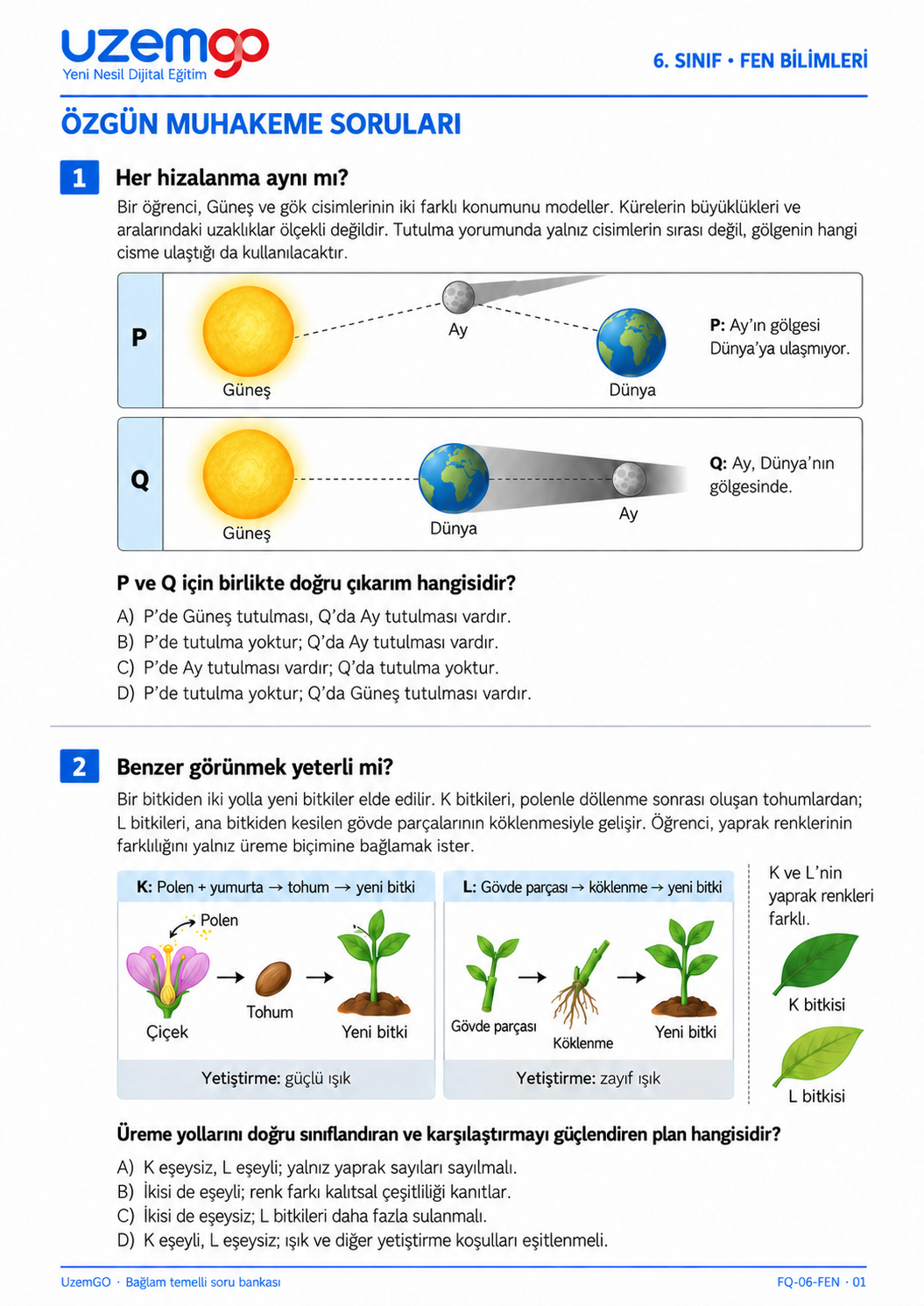 6. sınıf Fen Bilimleri: 1. soru sayfası. Erişilebilir metin aşağıdadır.