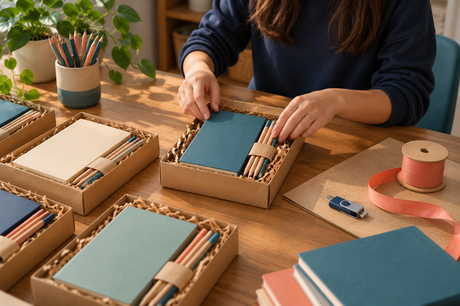 Bir öğrenci defter ve kalemleri benzer hediye paketleri oluşturacak şekilde düzenliyor.