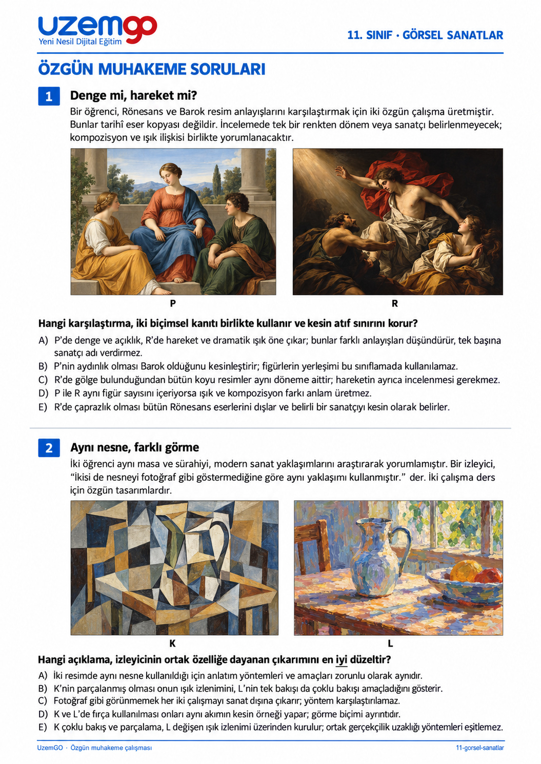 11. sınıf Görsel Sanatlar: 1. soru sayfası. Erişilebilir metin aşağıdadır.