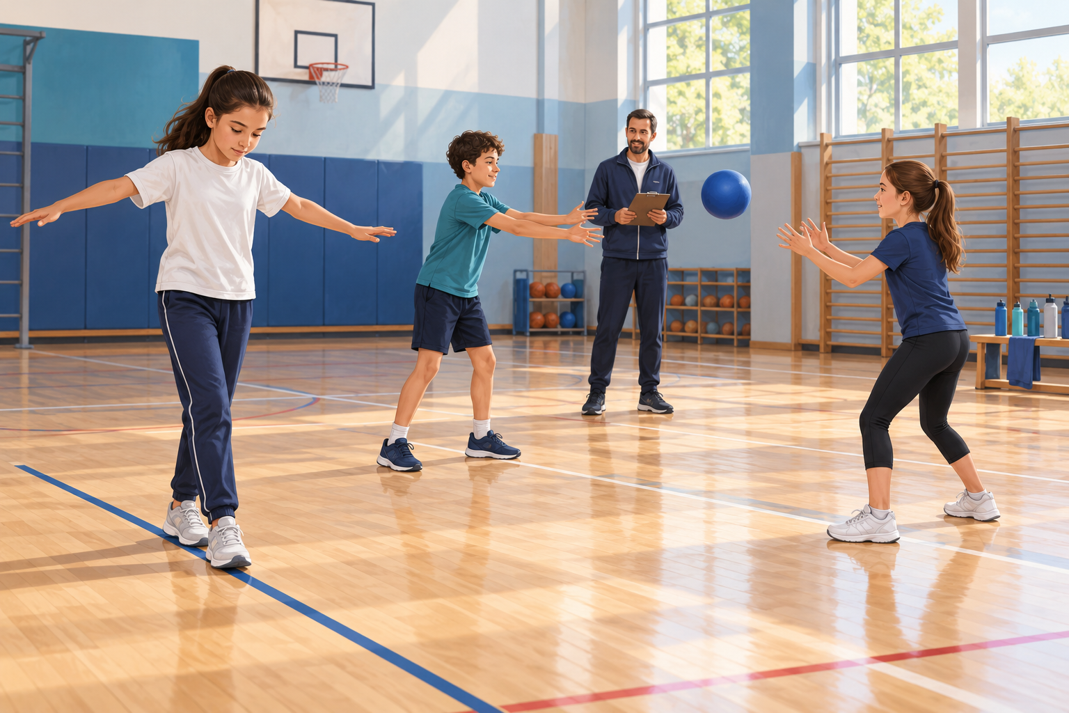 Spor salonunda öğrenciler denge ve top çalışması yaparken öğretmen onları izliyor.