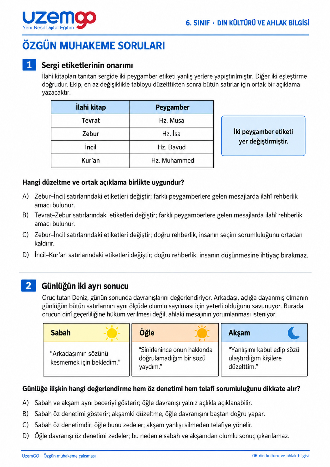 6. sınıf Din Kültürü ve Ahlak Bilgisi: 1. soru sayfası. Erişilebilir metin aşağıdadır.