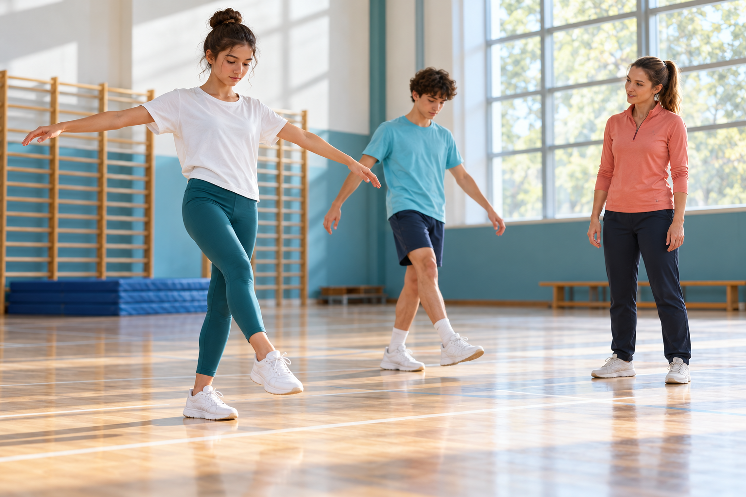 Spor salonunda öğretmen gözetiminde kollarını açarak dengeli adımlar atan iki öğrenci.