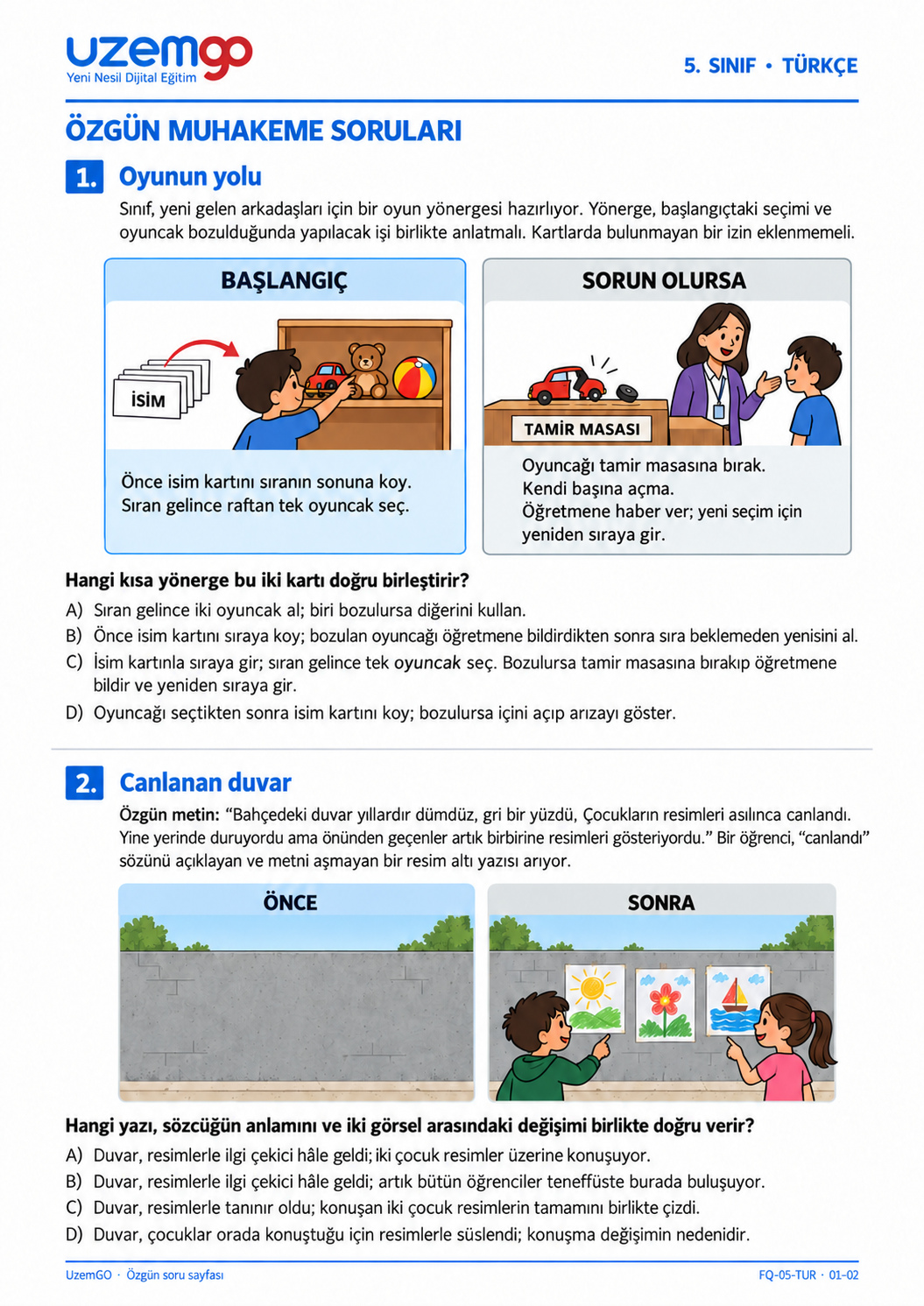 5. sınıf Türkçe: 1. soru sayfası. Erişilebilir metin aşağıdadır.
