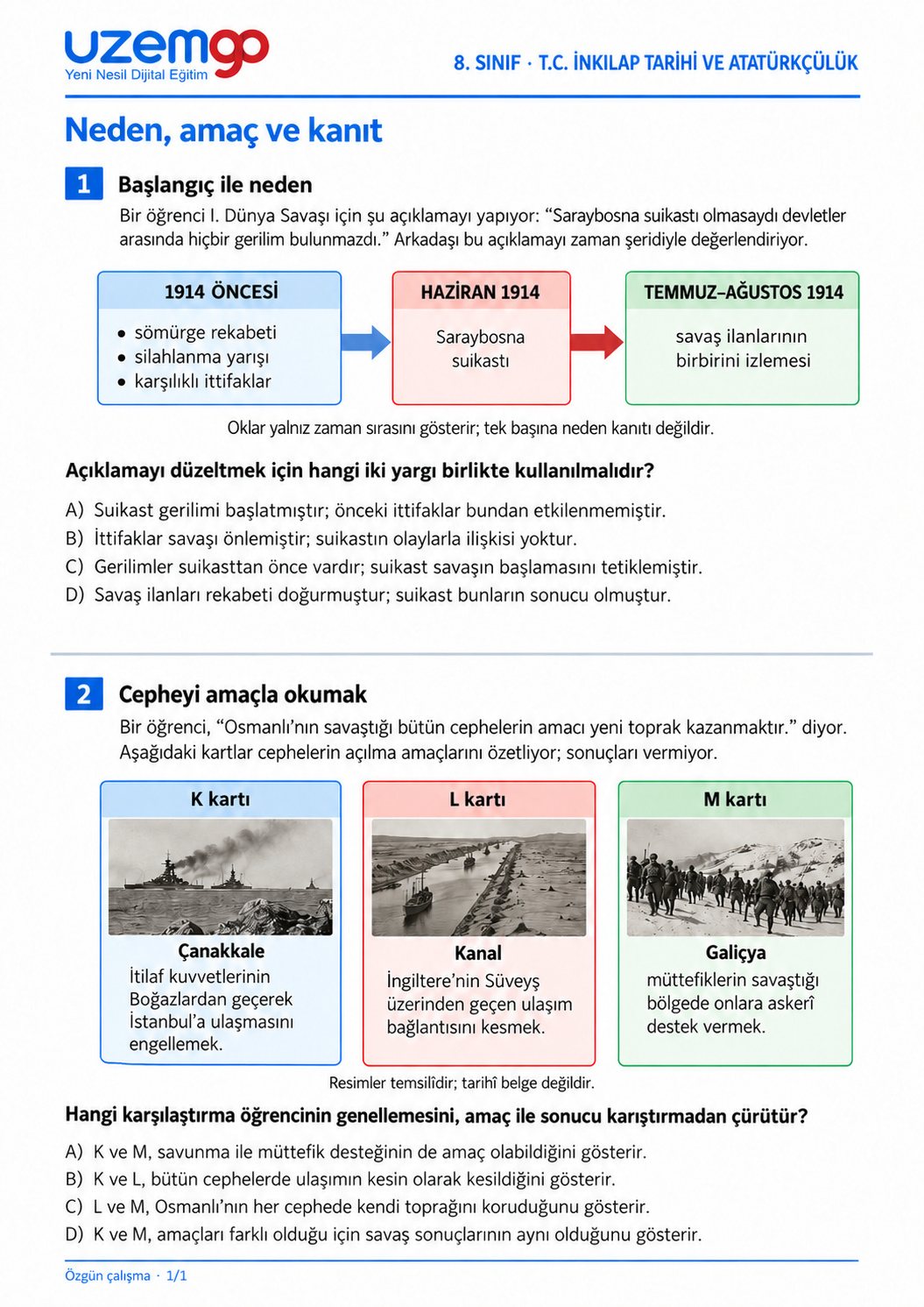 8. sınıf T.C. İnkılap Tarihi ve Atatürkçülük: 1. soru sayfası. Erişilebilir metin aşağıdadır.