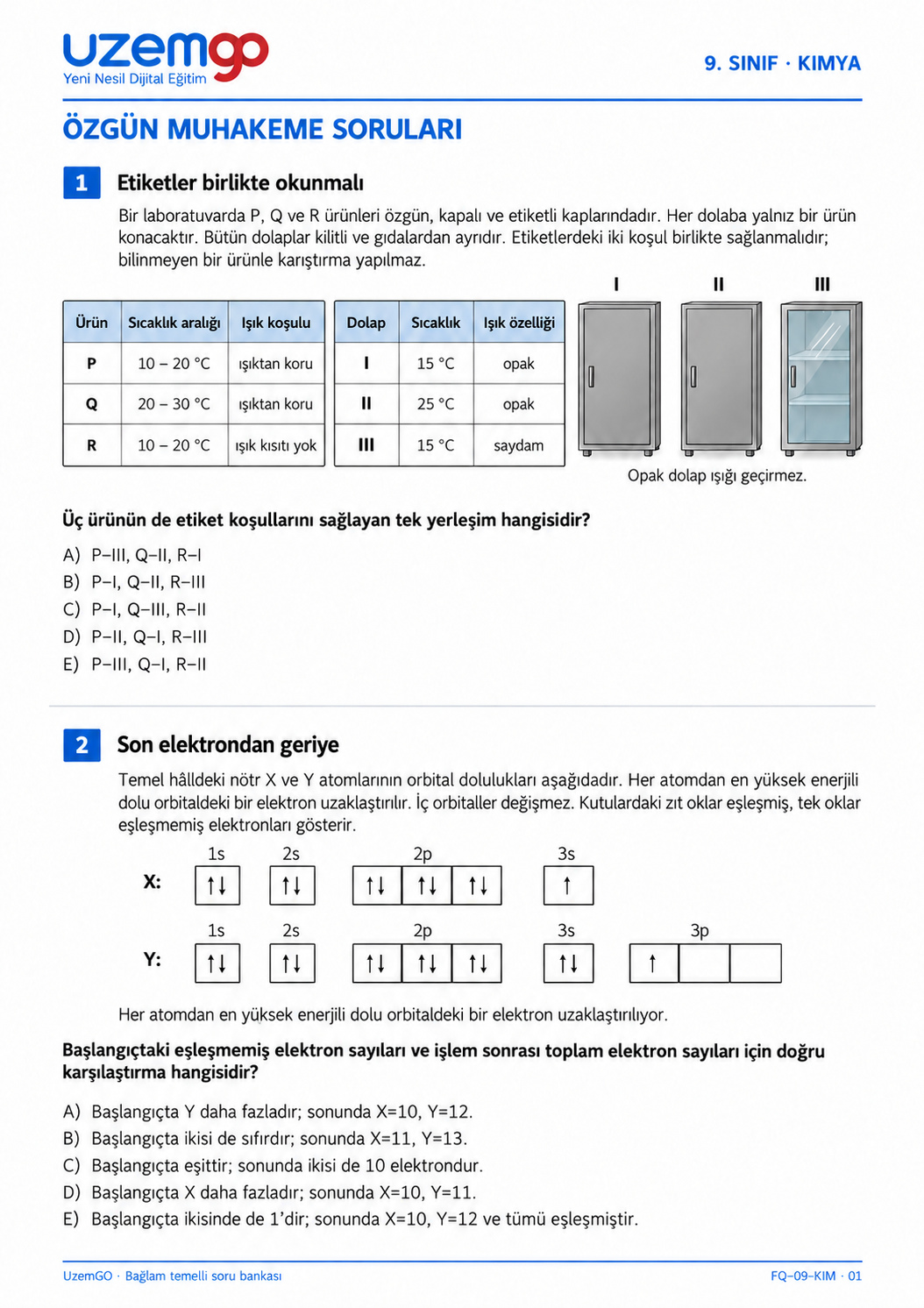9. sınıf Kimya: 1. soru sayfası. Erişilebilir metin aşağıdadır.