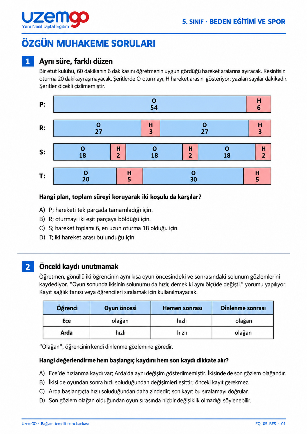 5. sınıf Beden Eğitimi ve Spor: 1. soru sayfası. Erişilebilir metin aşağıdadır.