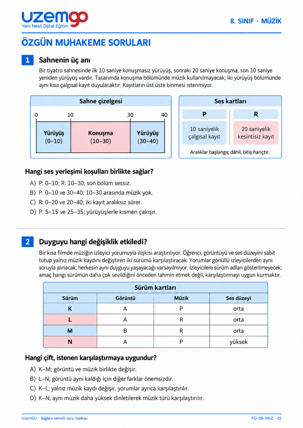 8. sınıf Müzik: 1. soru sayfası. Erişilebilir metin aşağıdadır.