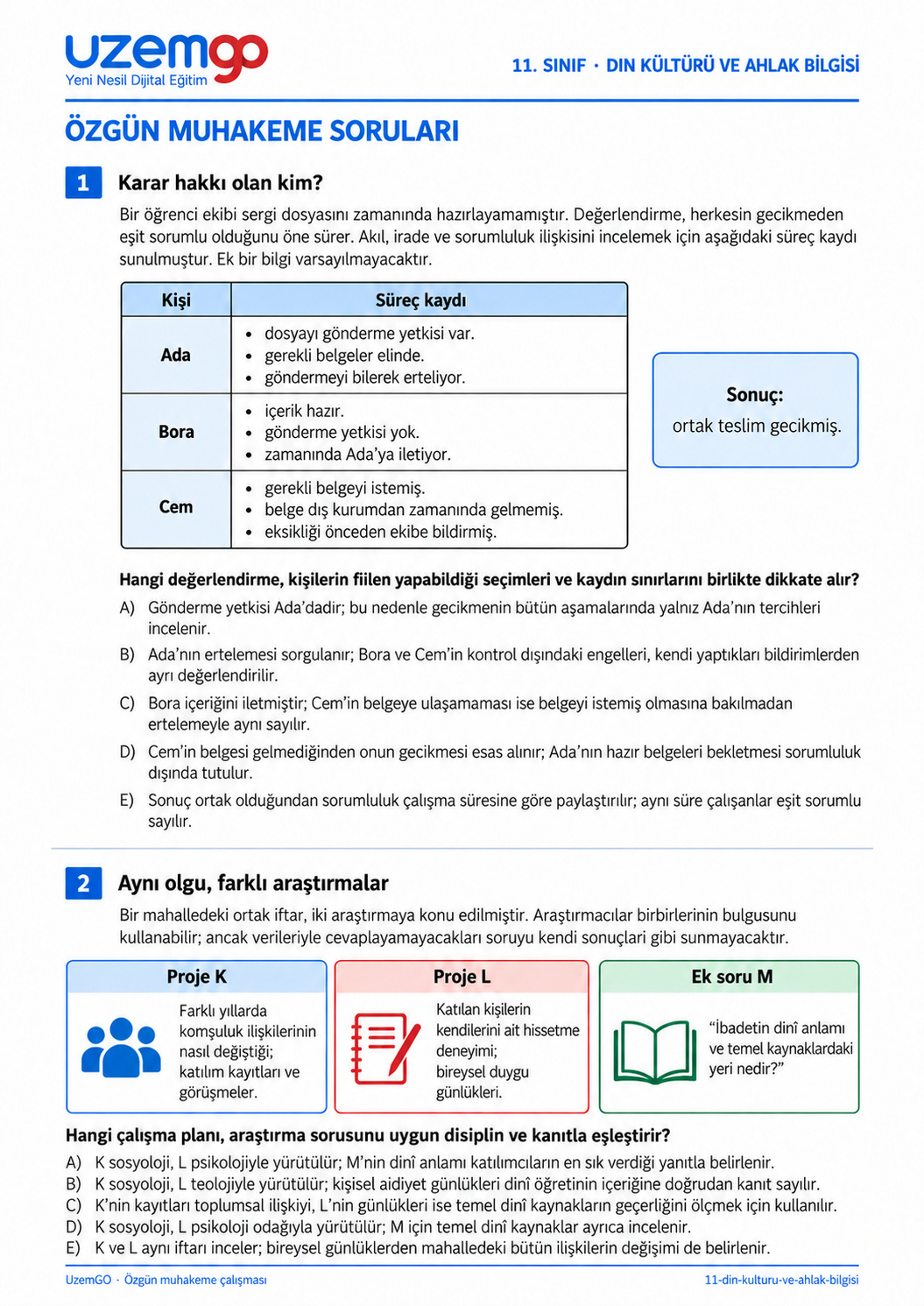 11. sınıf Din Kültürü ve Ahlak Bilgisi: 1. soru sayfası. Erişilebilir metin aşağıdadır.