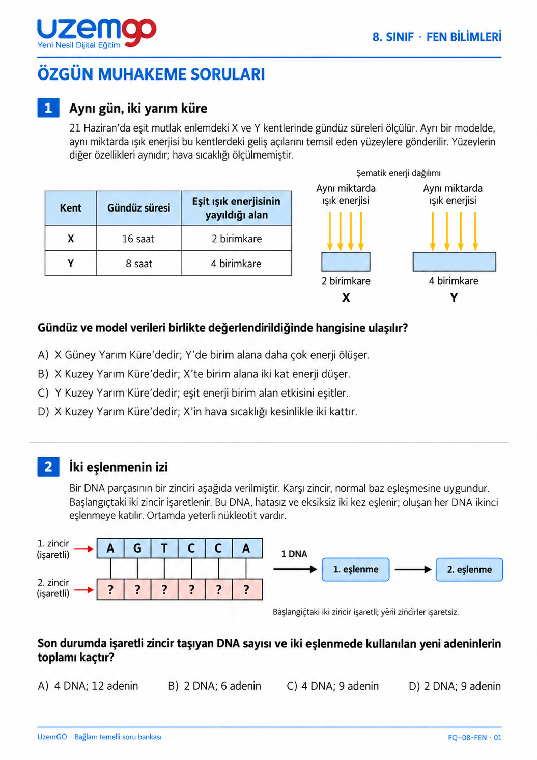 8. sınıf Fen Bilimleri: 1. soru sayfası. Erişilebilir metin aşağıdadır.