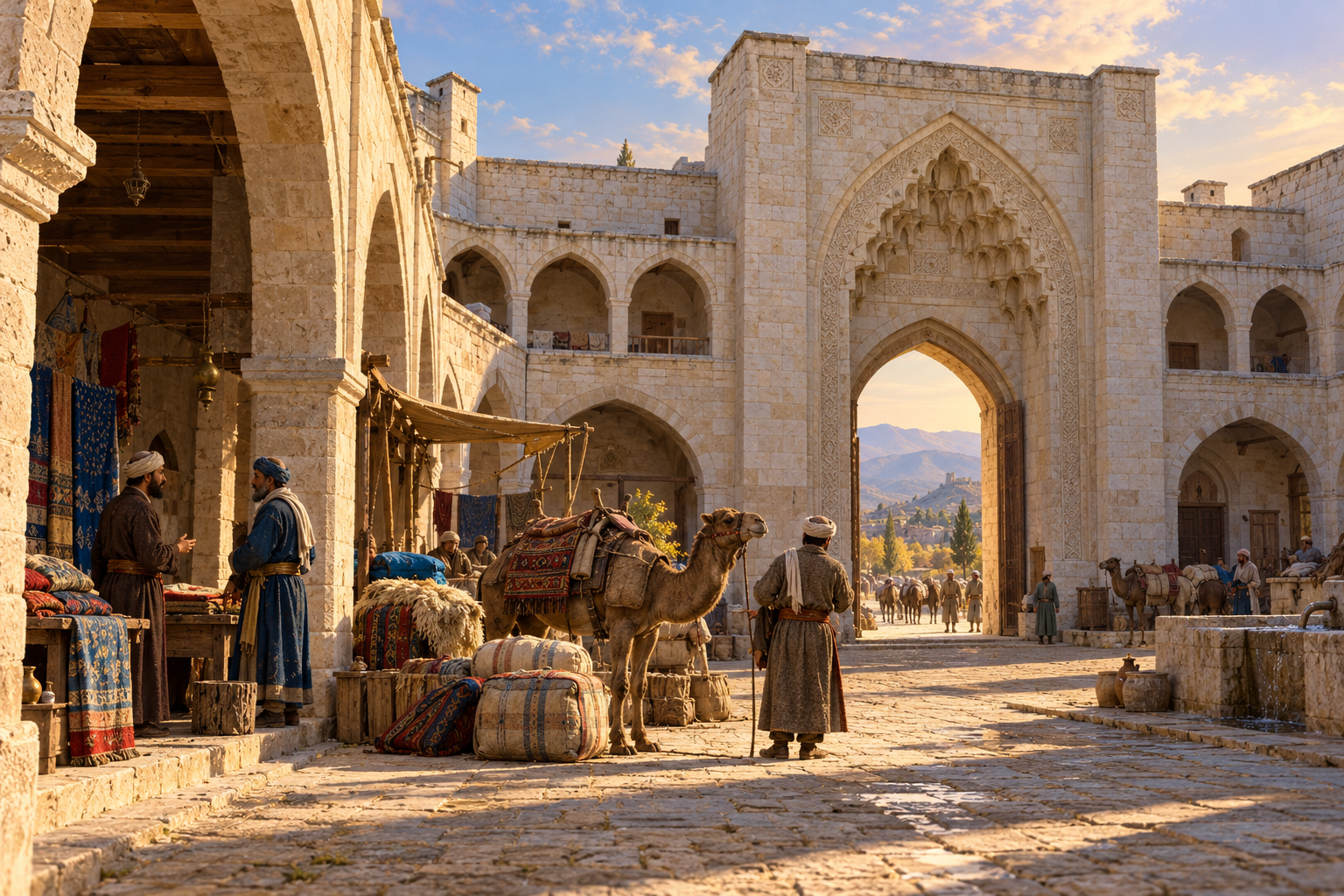 Taş kemerli bir kervansaray avlusunda dokuma yükleri, develer ve konuşan tüccarlar.