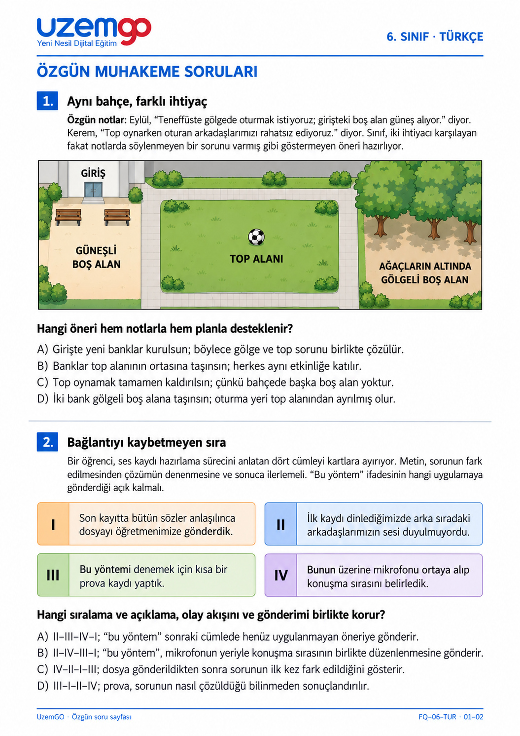 6. sınıf Türkçe: 1. soru sayfası. Erişilebilir metin aşağıdadır.