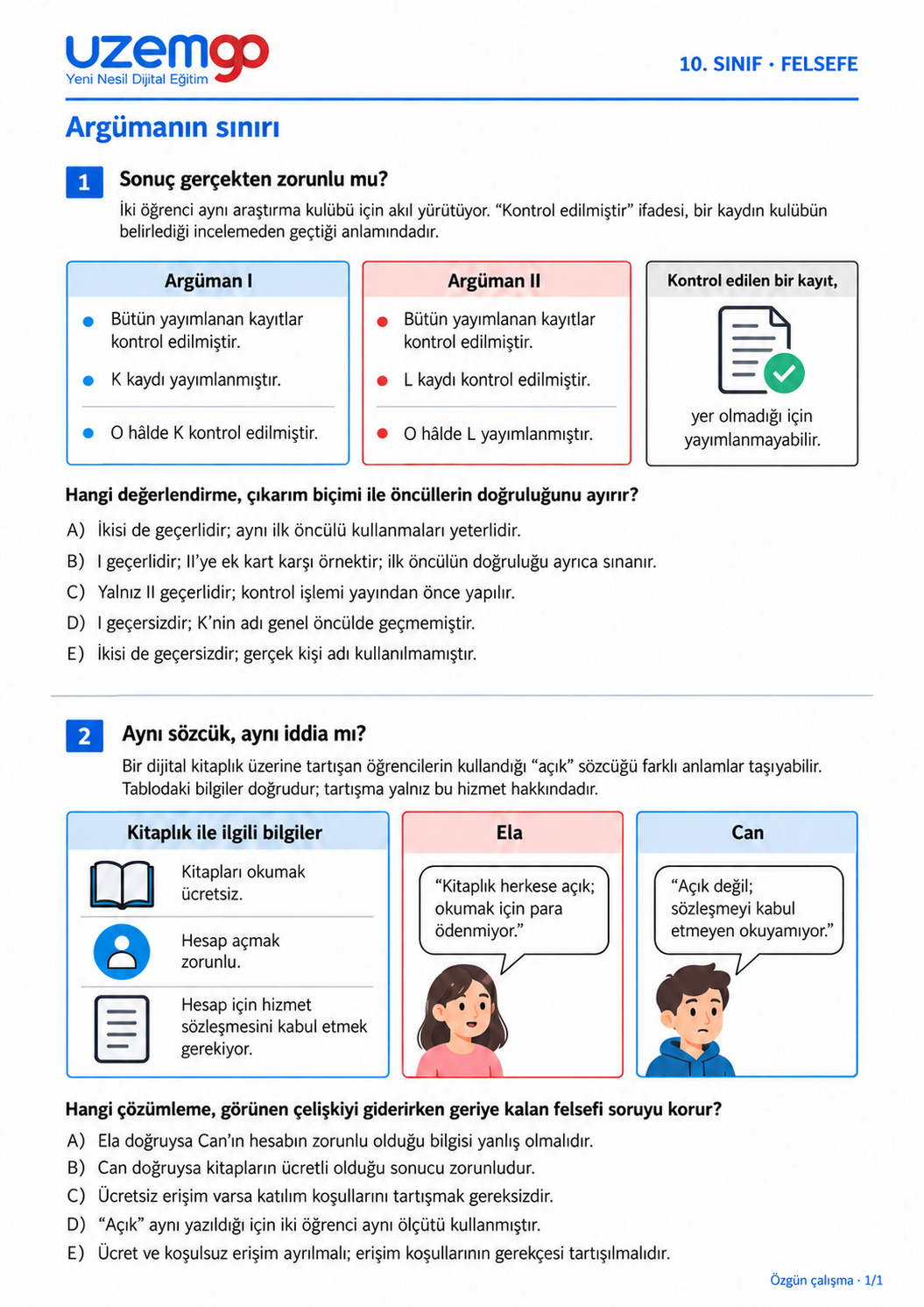 10. sınıf Felsefe: 1. soru sayfası. Erişilebilir metin aşağıdadır.