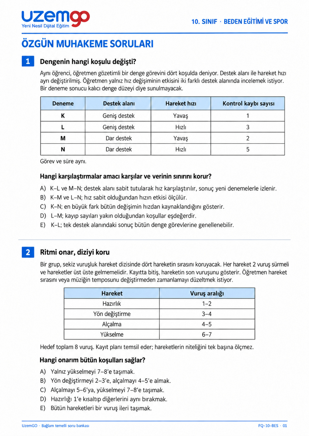 10. sınıf Beden Eğitimi ve Spor: 1. soru sayfası. Erişilebilir metin aşağıdadır.