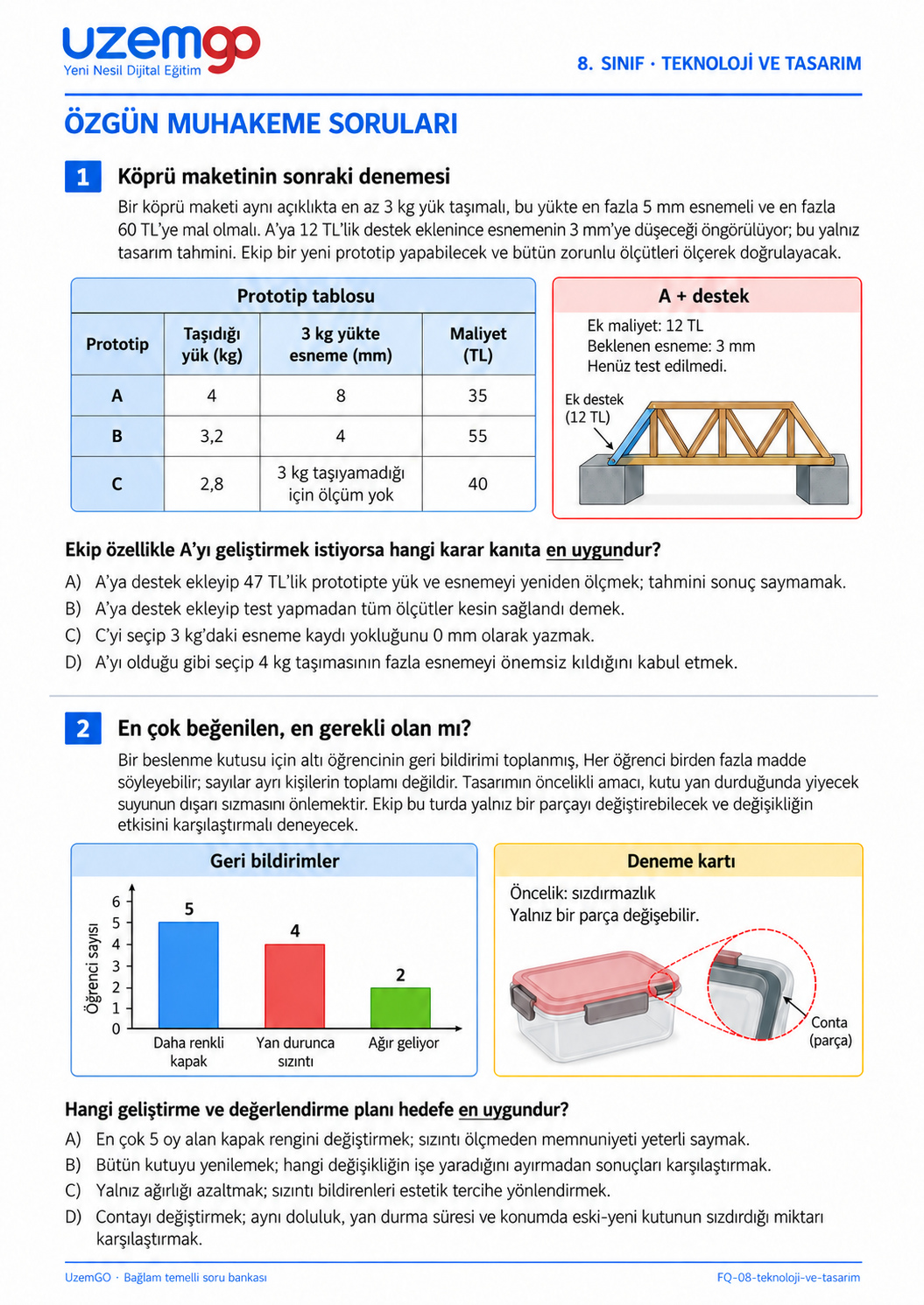 8. sınıf Teknoloji ve Tasarım: 1. soru sayfası. Erişilebilir metin aşağıdadır.