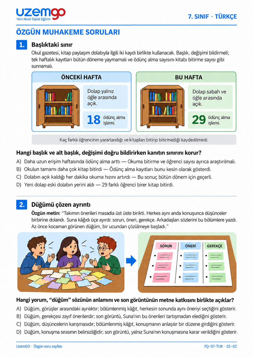 7. sınıf Türkçe: 1. soru sayfası. Erişilebilir metin aşağıdadır.
