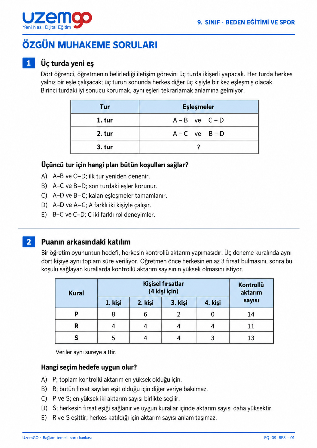 9. sınıf Beden Eğitimi ve Spor: 1. soru sayfası. Erişilebilir metin aşağıdadır.