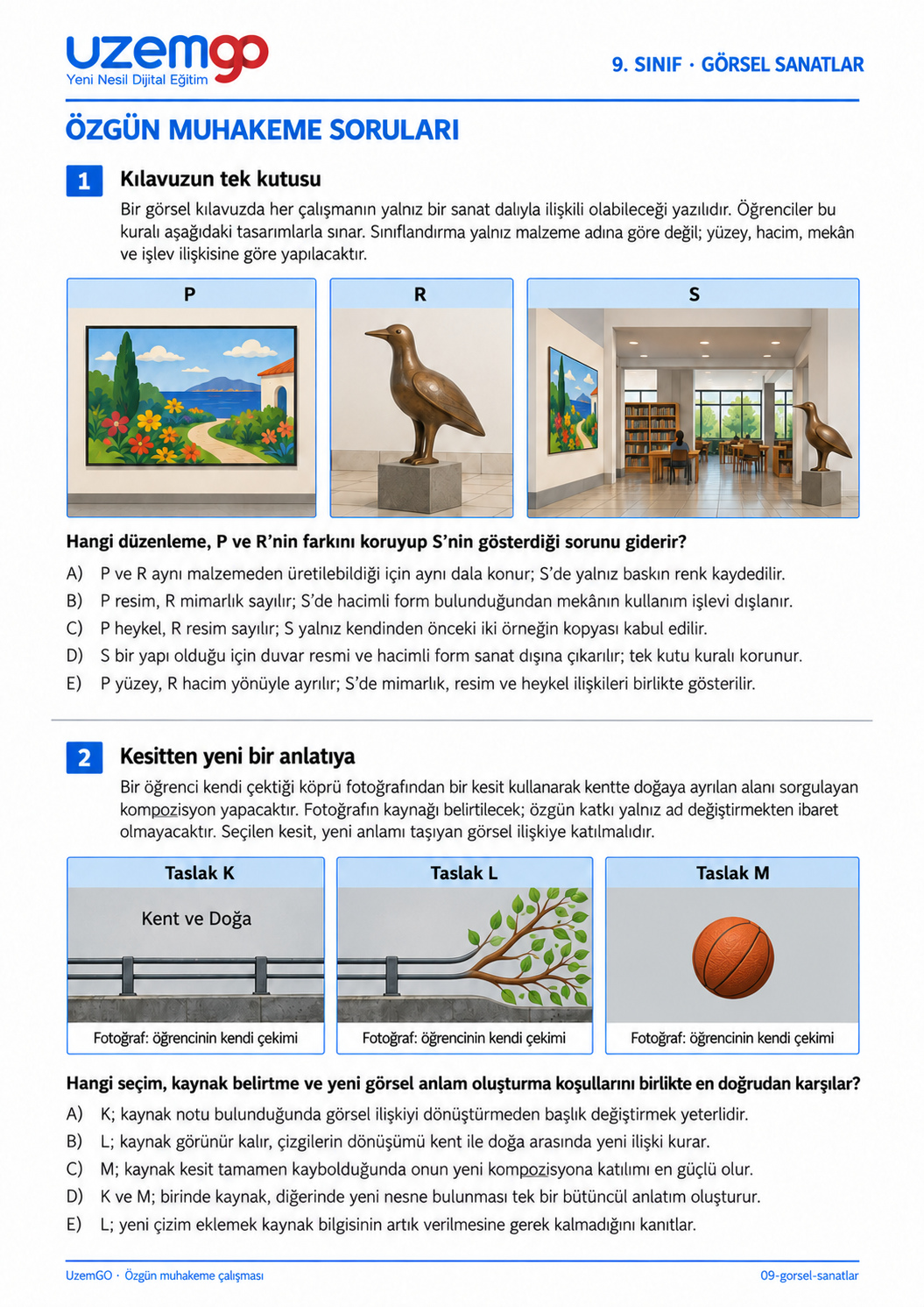 9. sınıf Görsel Sanatlar: 1. soru sayfası. Erişilebilir metin aşağıdadır.