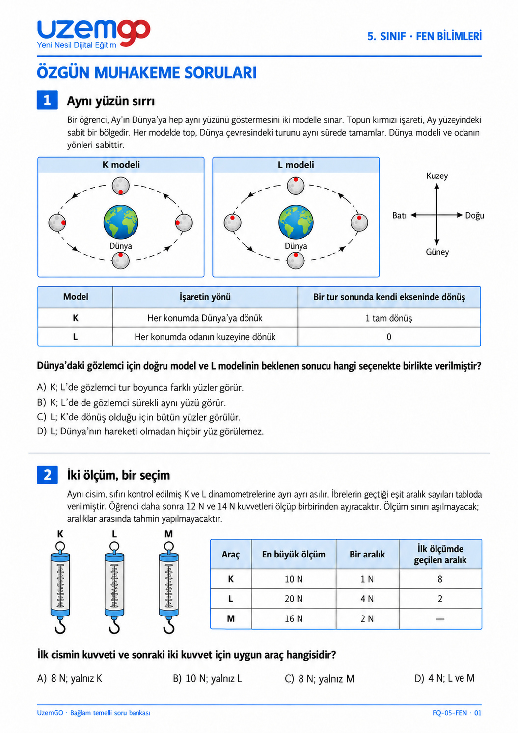 5. sınıf Fen Bilimleri: 1. soru sayfası. Erişilebilir metin aşağıdadır.