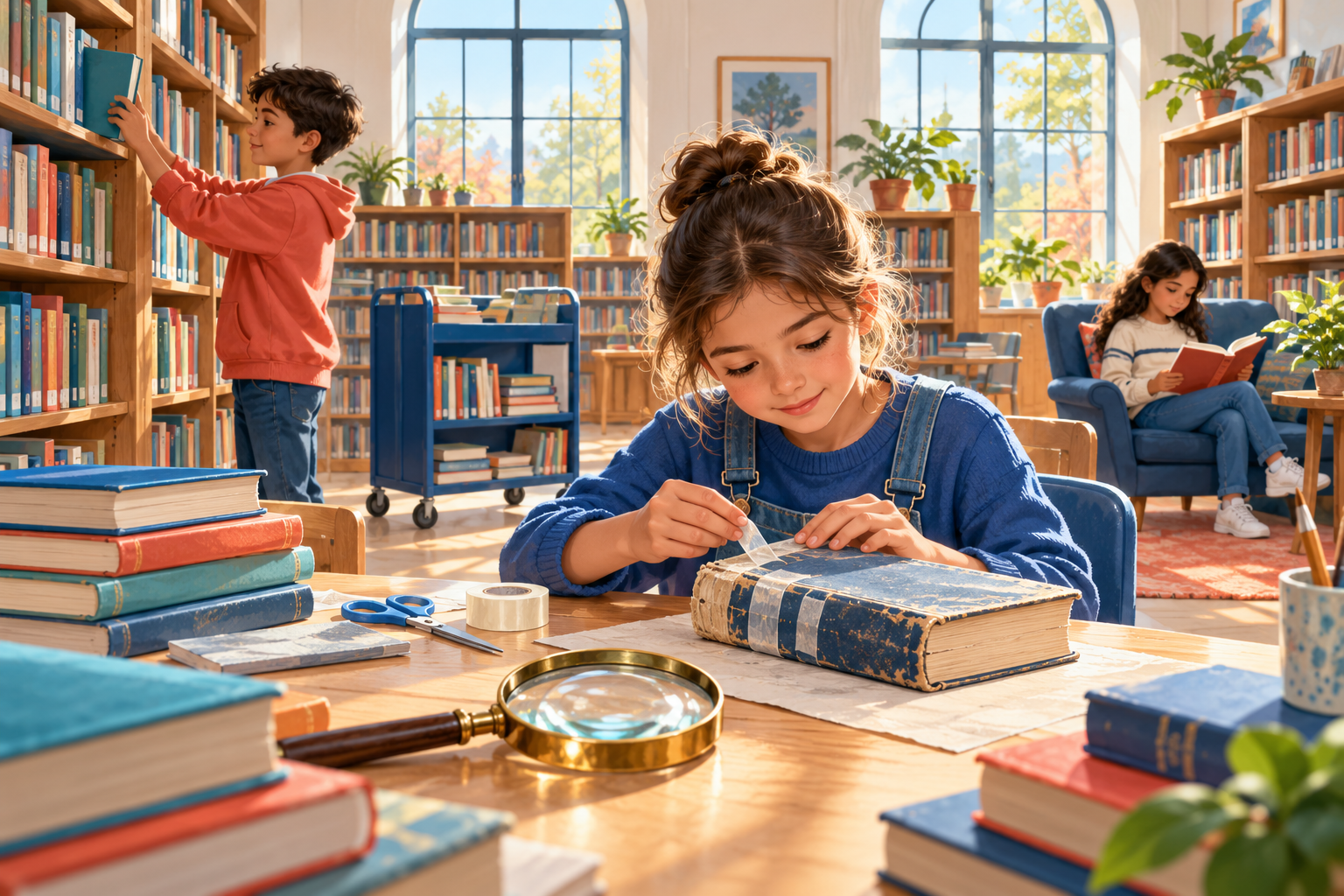 Bir öğrenci yıpranmış kitabı bantla onarırken diğer öğrenciler kütüphanede kitap seçiyor ve okuyor.