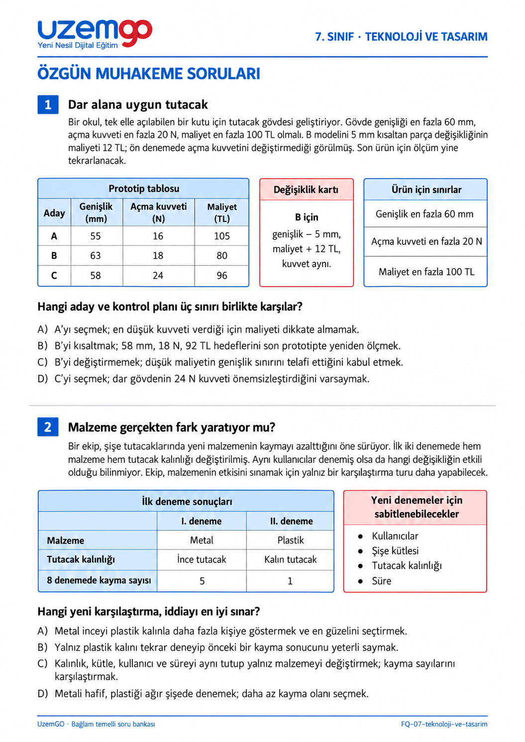7. sınıf Teknoloji ve Tasarım: 1. soru sayfası. Erişilebilir metin aşağıdadır.