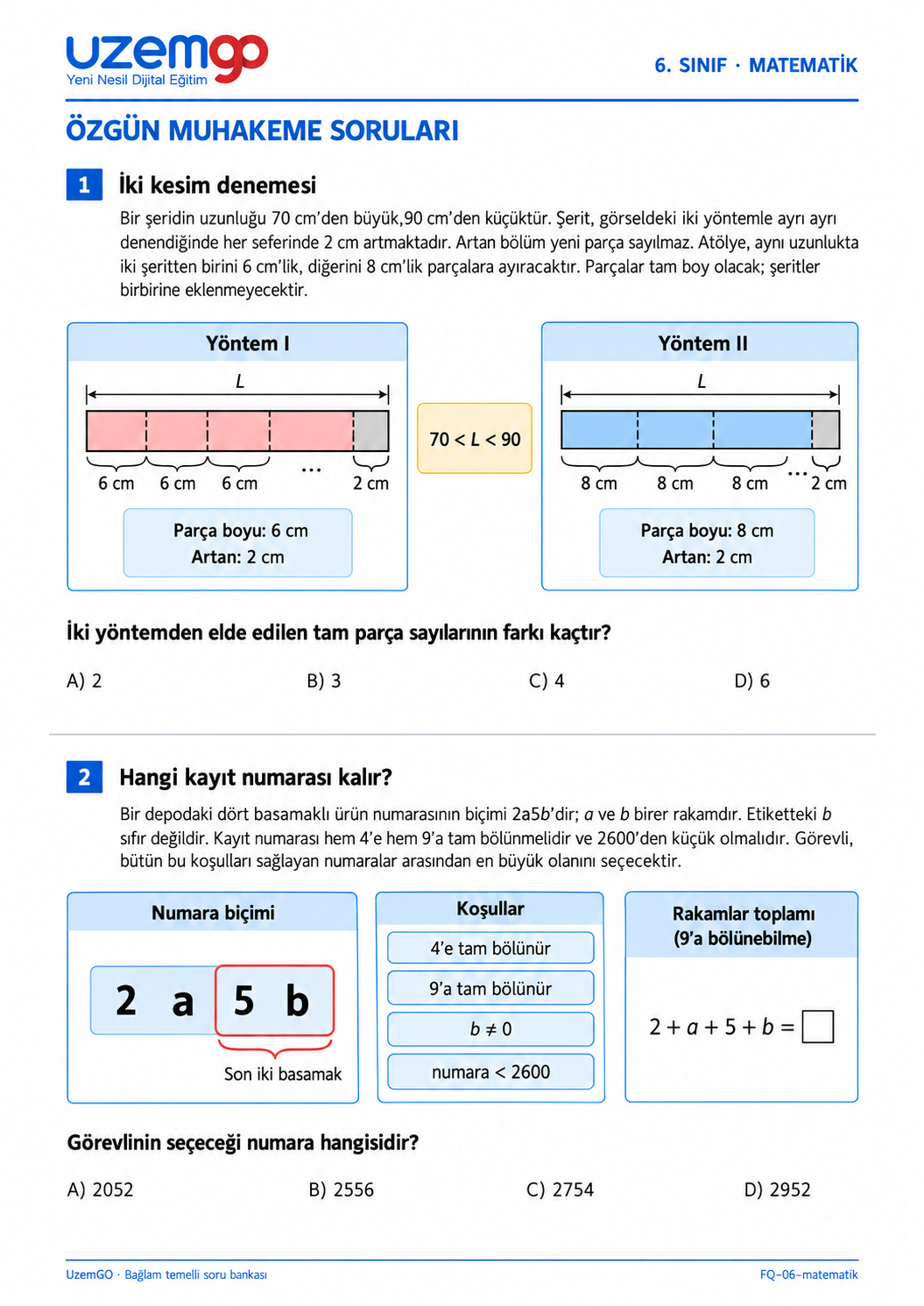 6. sınıf Matematik: 1. soru sayfası. Erişilebilir metin aşağıdadır.