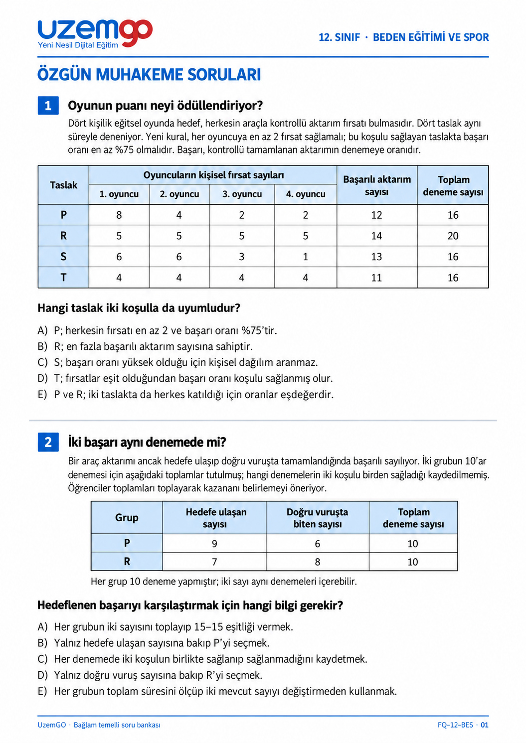 12. sınıf Beden Eğitimi ve Spor: 1. soru sayfası. Erişilebilir metin aşağıdadır.