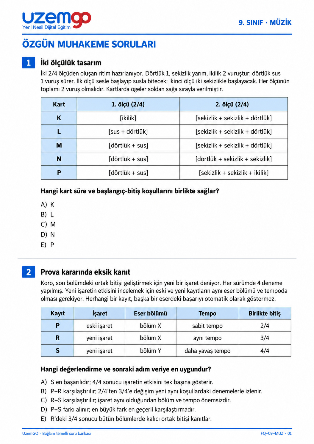 9. sınıf Müzik: 1. soru sayfası. Erişilebilir metin aşağıdadır.