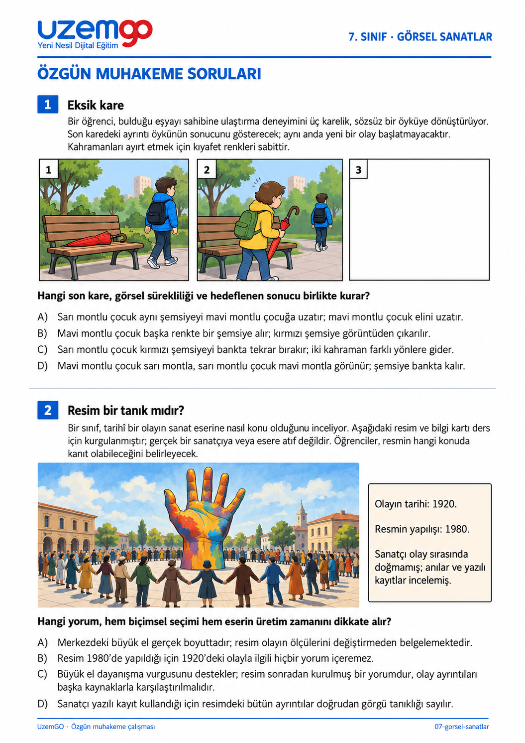 7. sınıf Görsel Sanatlar: 1. soru sayfası. Erişilebilir metin aşağıdadır.