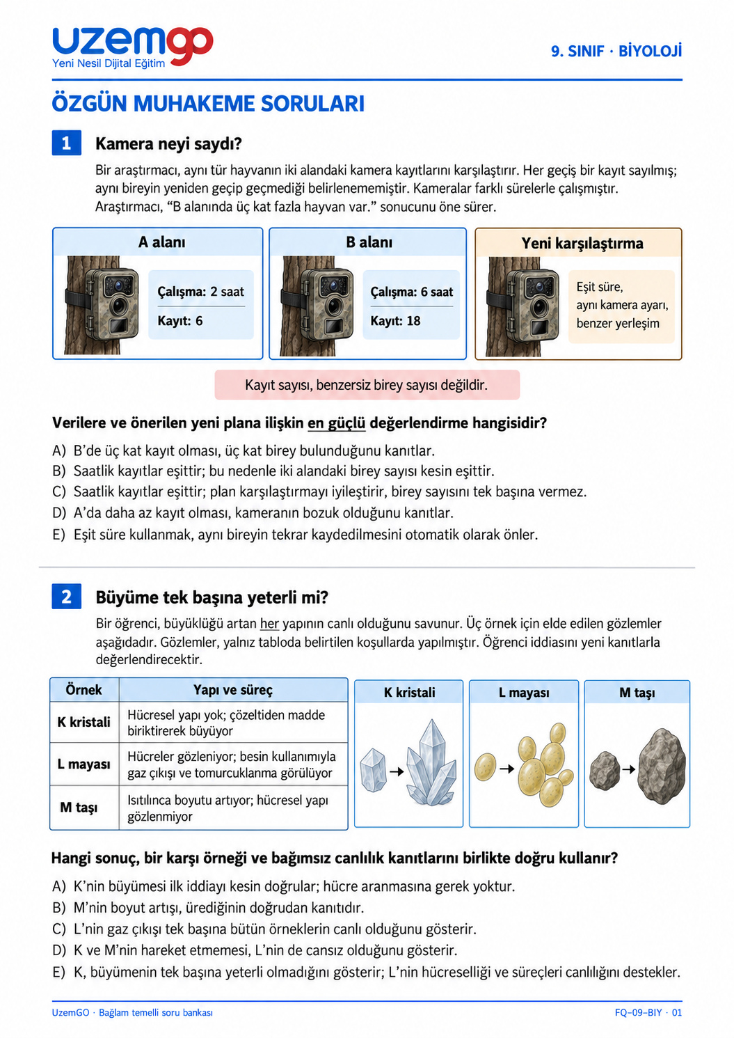 9. sınıf Biyoloji: 1. soru sayfası. Erişilebilir metin aşağıdadır.