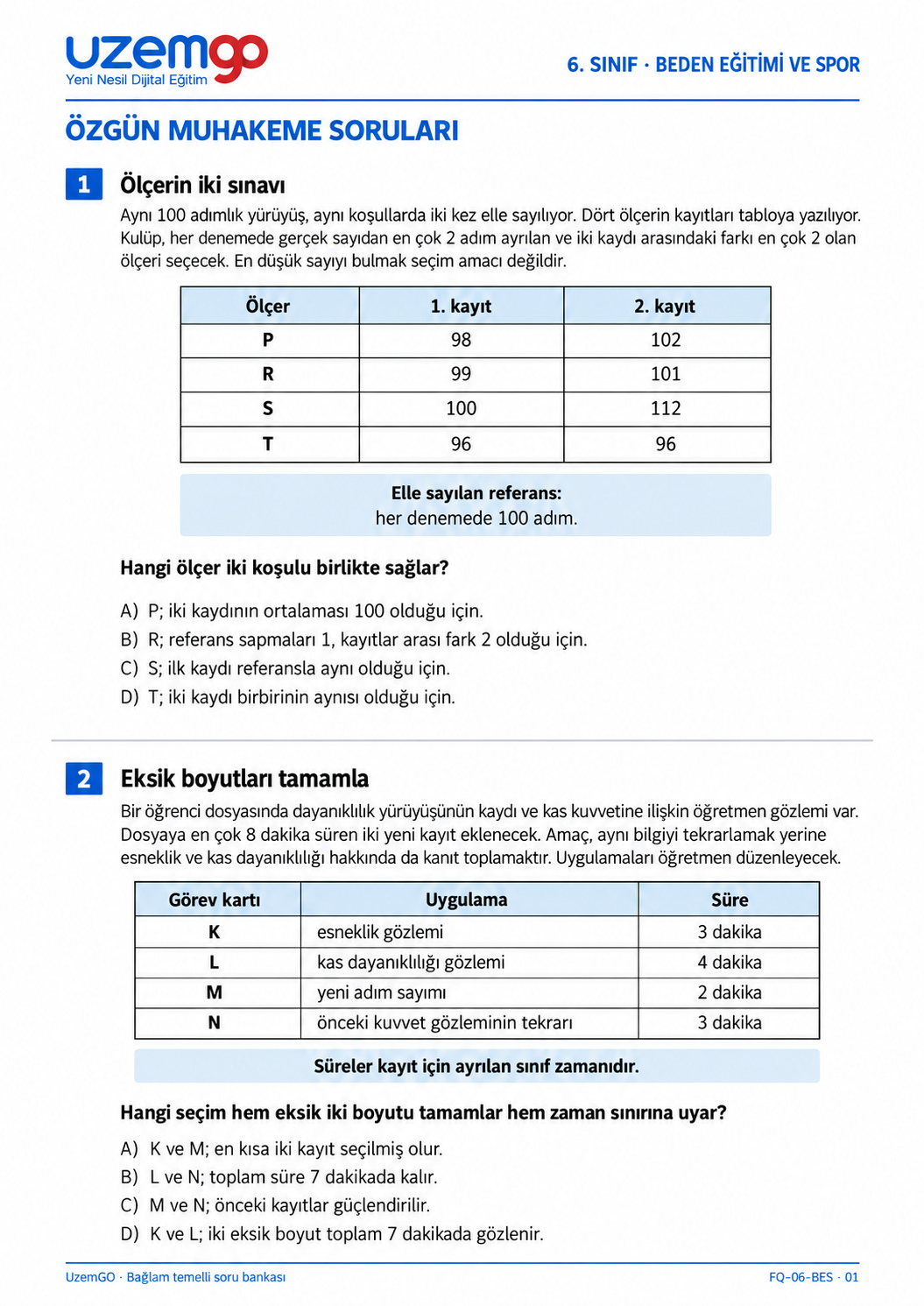 6. sınıf Beden Eğitimi ve Spor: 1. soru sayfası. Erişilebilir metin aşağıdadır.