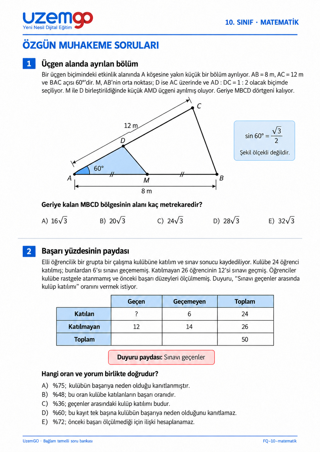 10. sınıf Matematik: 1. soru sayfası. Erişilebilir metin aşağıdadır.