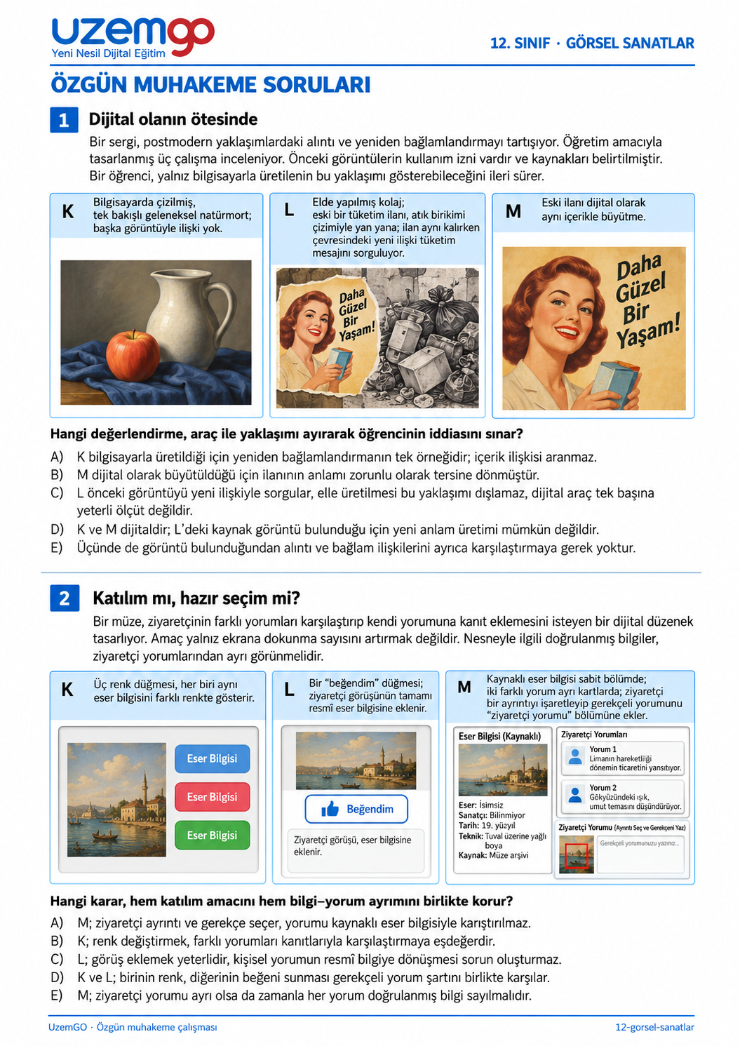 12. sınıf Görsel Sanatlar: 1. soru sayfası. Erişilebilir metin aşağıdadır.