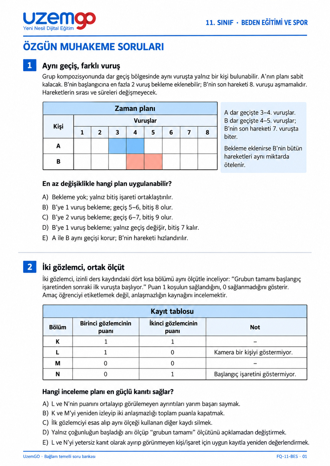 11. sınıf Beden Eğitimi ve Spor: 1. soru sayfası. Erişilebilir metin aşağıdadır.