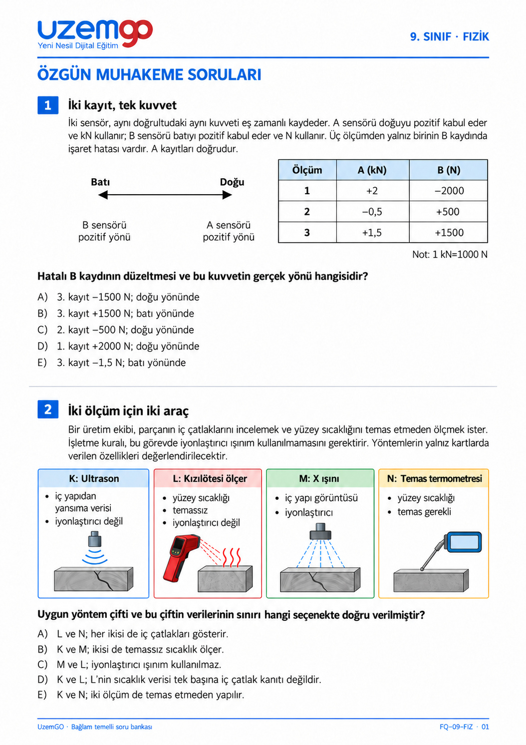 9. sınıf Fizik: 1. soru sayfası. Erişilebilir metin aşağıdadır.