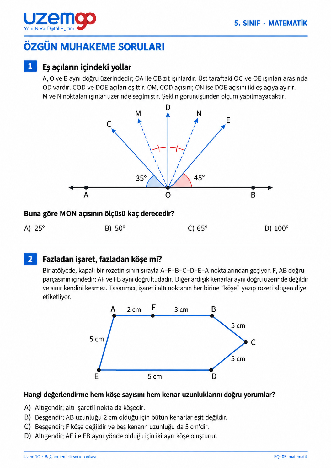 5. sınıf Matematik: 1. soru sayfası. Erişilebilir metin aşağıdadır.
