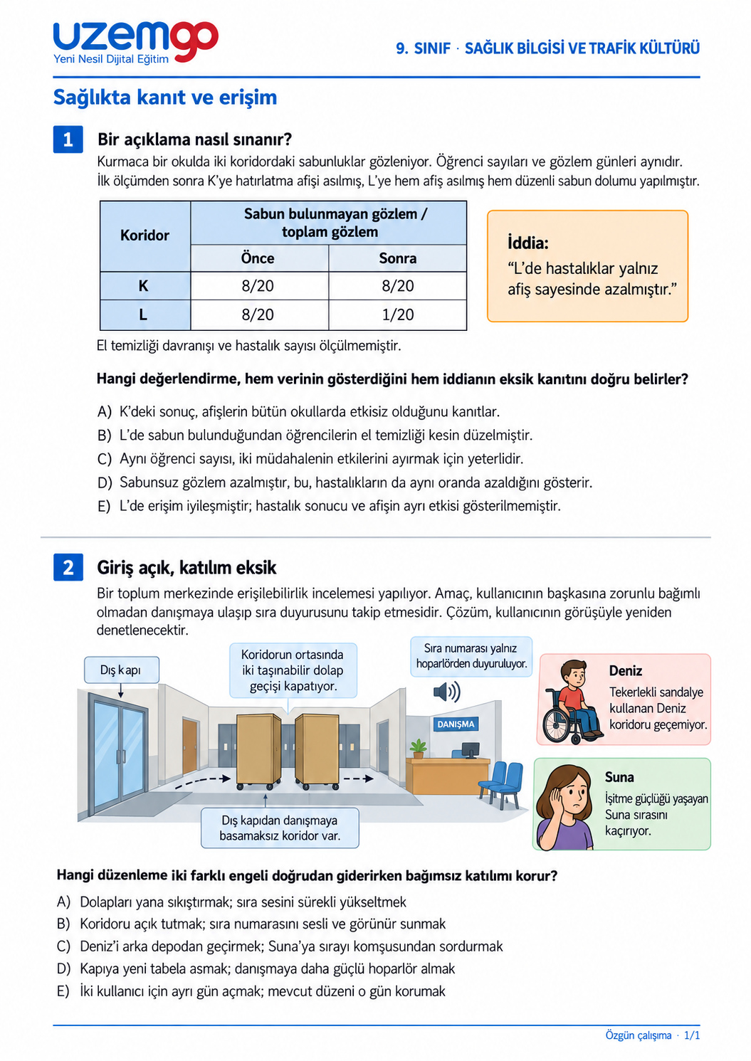 9. sınıf Sağlık Bilgisi ve Trafik Kültürü: 1. soru sayfası. Erişilebilir metin aşağıdadır.
