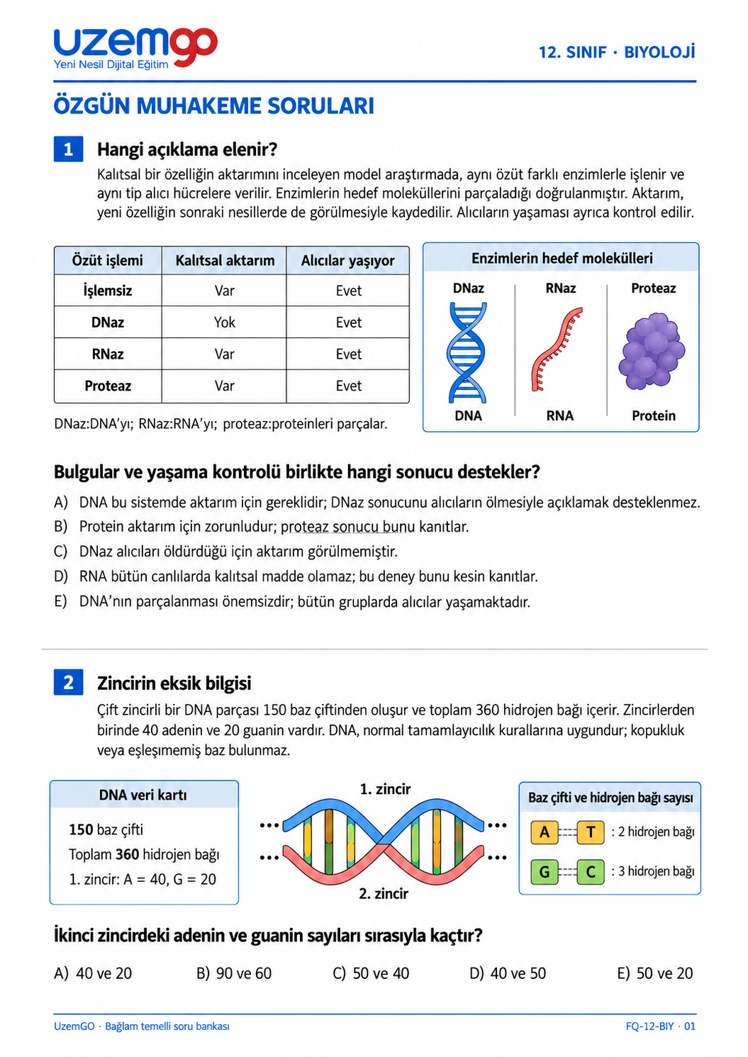 12. sınıf Biyoloji: 1. soru sayfası. Erişilebilir metin aşağıdadır.