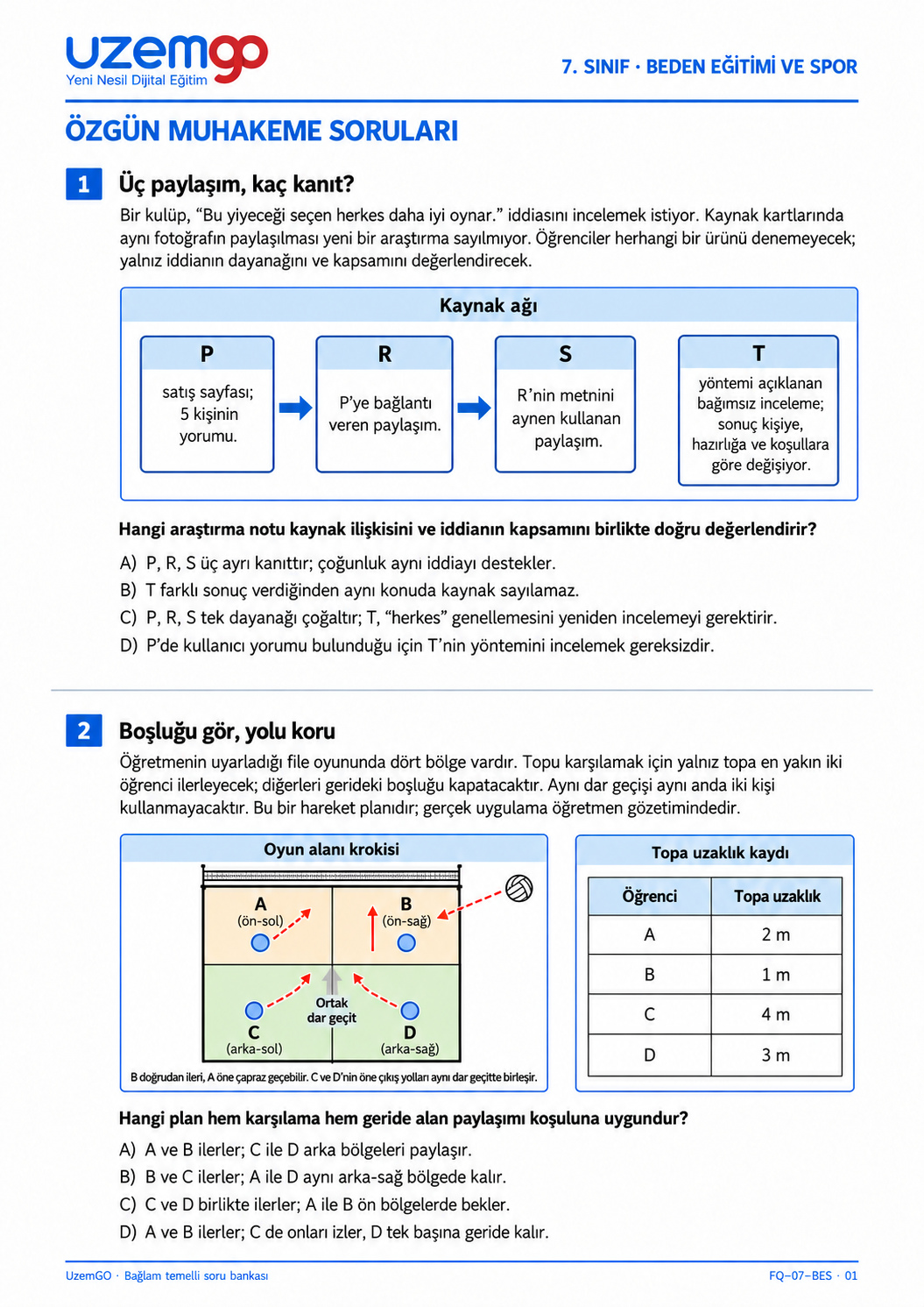 7. sınıf Beden Eğitimi ve Spor: 1. soru sayfası. Erişilebilir metin aşağıdadır.