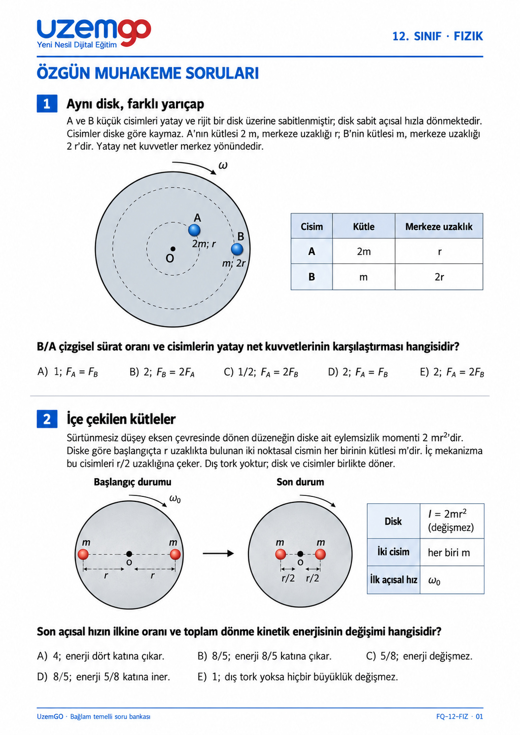 12. sınıf Fizik: 1. soru sayfası. Erişilebilir metin aşağıdadır.