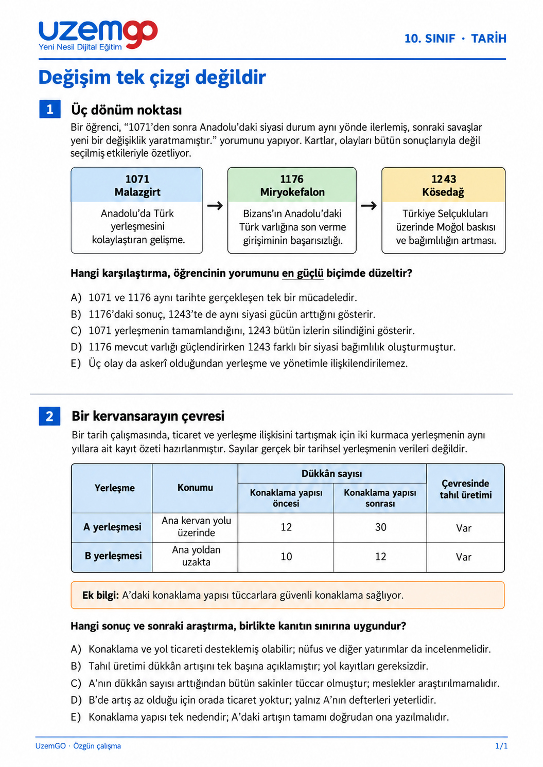 10. sınıf Tarih: 1. soru sayfası. Erişilebilir metin aşağıdadır.