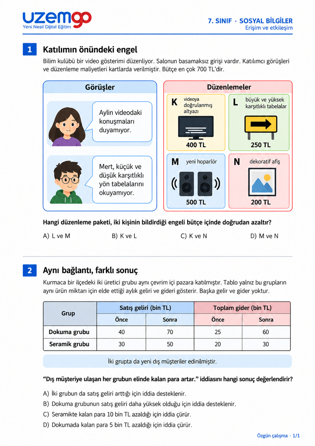 7. sınıf Sosyal Bilgiler: 1. soru sayfası. Erişilebilir metin aşağıdadır.