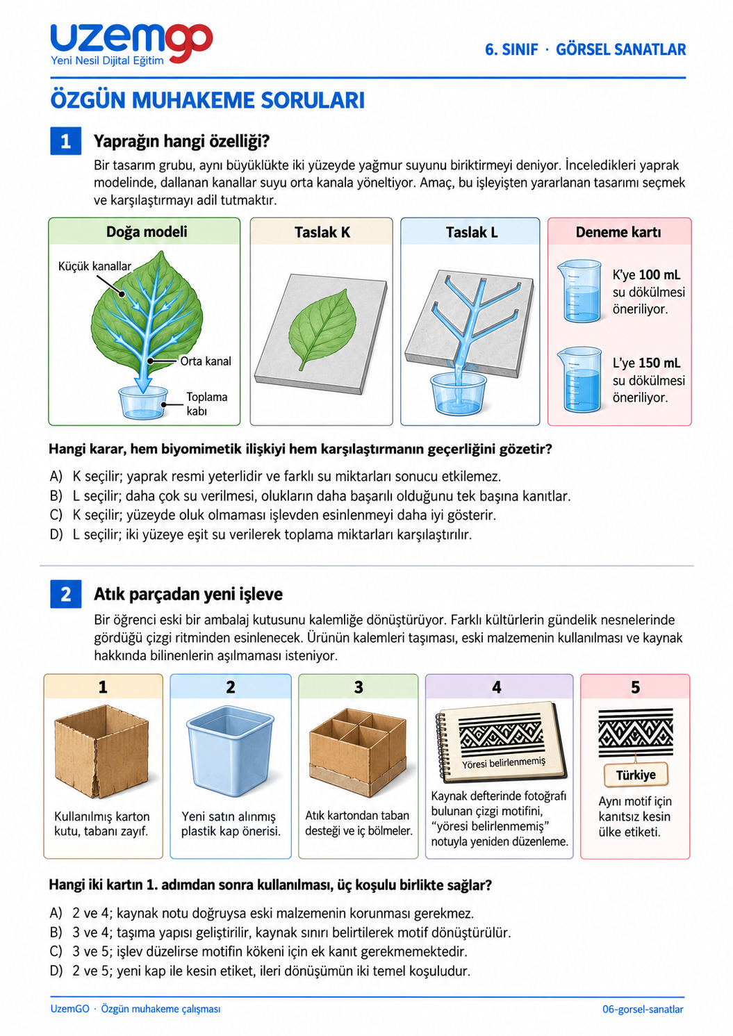 6. sınıf Görsel Sanatlar: 1. soru sayfası. Erişilebilir metin aşağıdadır.