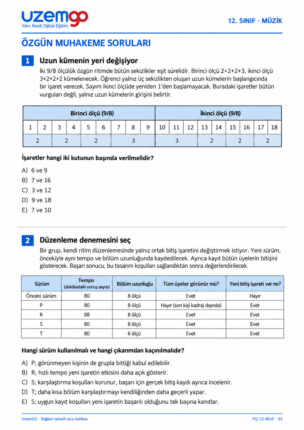 12. sınıf Müzik: 1. soru sayfası. Erişilebilir metin aşağıdadır.