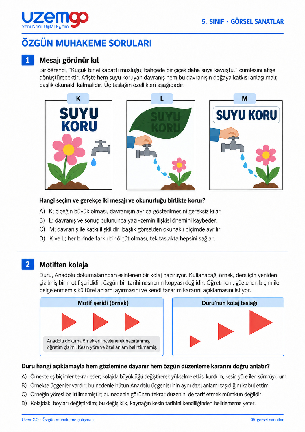 5. sınıf Görsel Sanatlar: 1. soru sayfası. Erişilebilir metin aşağıdadır.