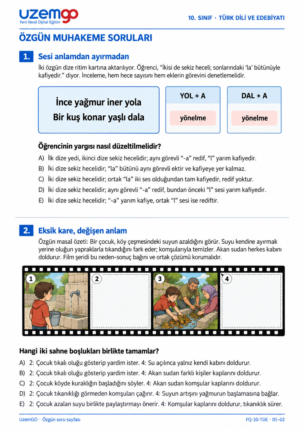 10. sınıf Türk Dili ve Edebiyatı: 1. soru sayfası. Erişilebilir metin aşağıdadır.