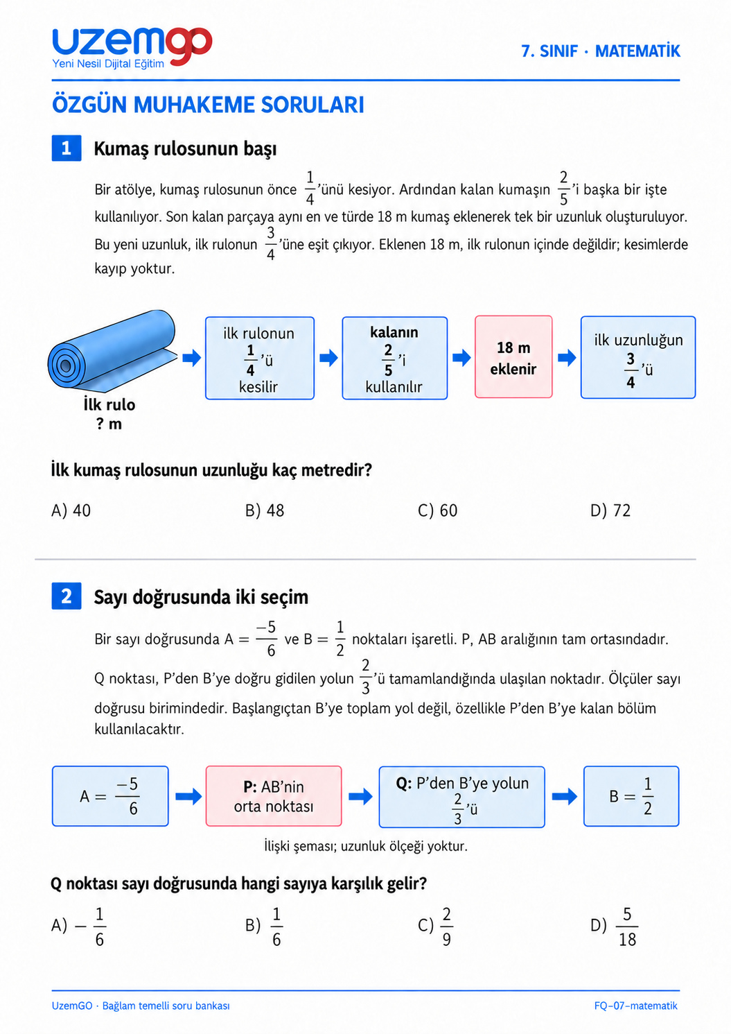 7. sınıf Matematik: 1. soru sayfası. Erişilebilir metin aşağıdadır.