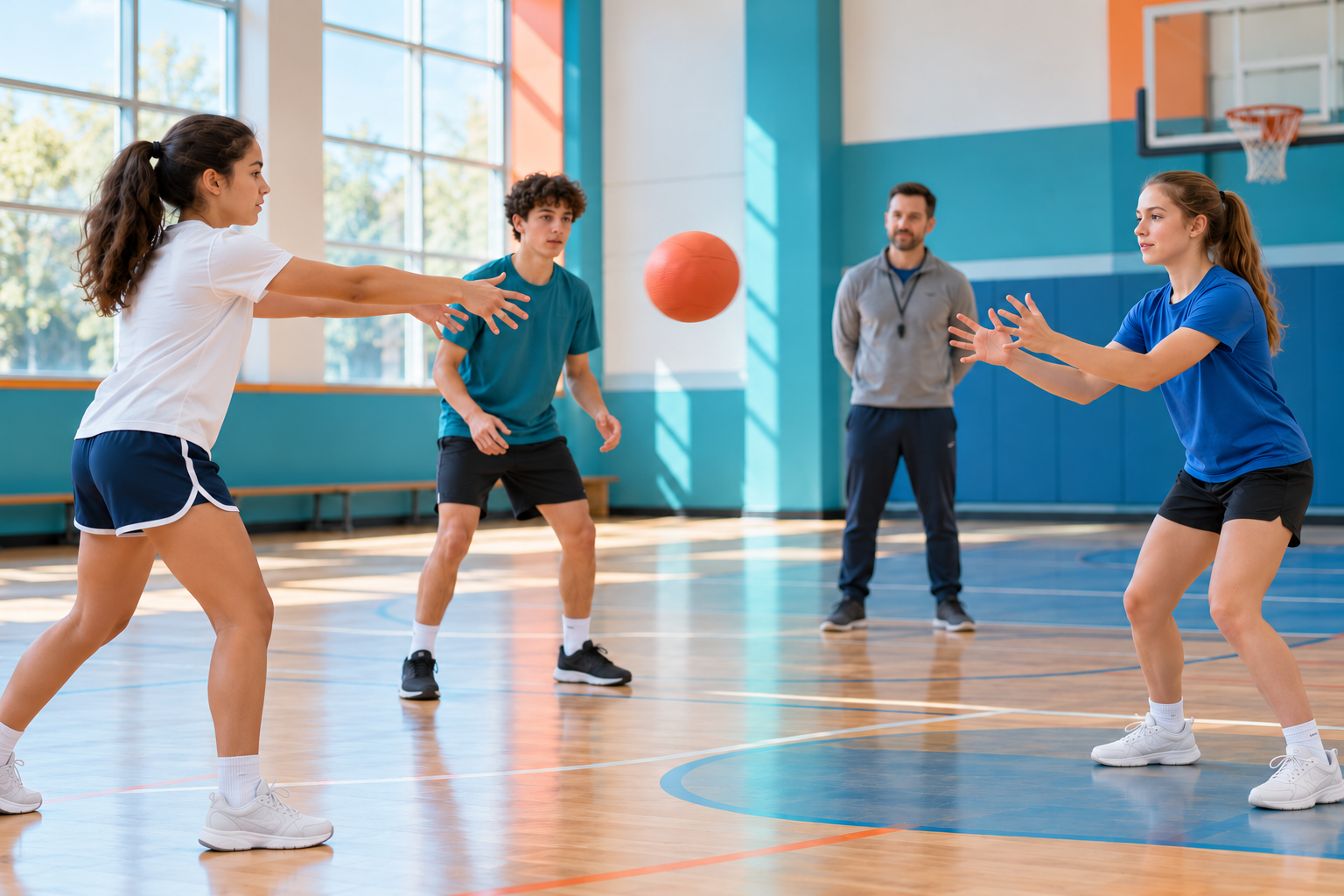 Spor salonunda öğretmen gözetiminde yumuşak topla pas çalışması yapan öğrenciler.